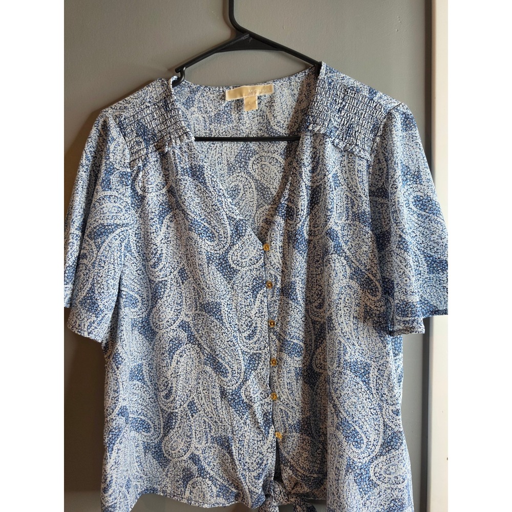 Michael Michael Kors Blue Paisley Smocked Tie Front Button Blouse Top Large